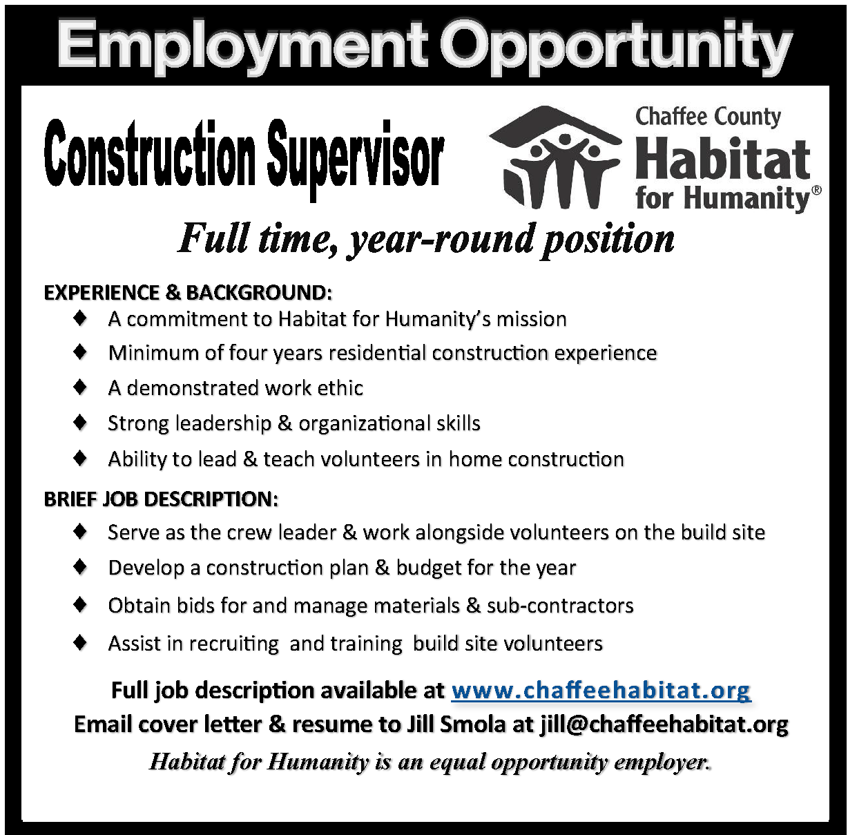 Job Postings Chaffee County Habitat For Humanity