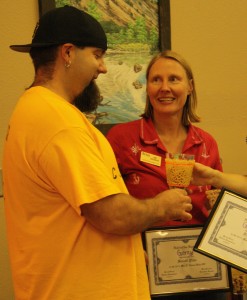 July 2013 Mac & Cheese Bakeoff - Kim Brenner congratulating the Winner!